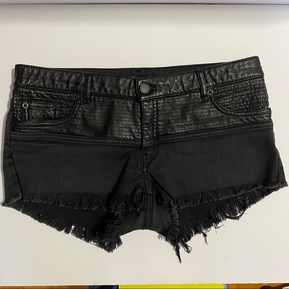Maje Black Denim Jean Leather Shorts Grunge Moto Biker Distressed Mobwife - Picture 3 of 8